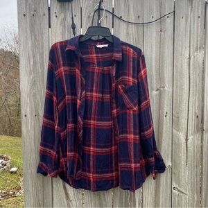 Beach Lunch Lounge Navy Red Orange Plaid Buttoned-Down Blouse S